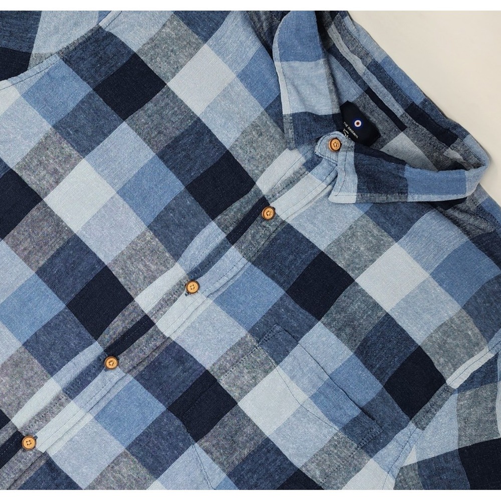 Ben Sherman Shirt Men's Size XXL Blue Check Button Up Short Sleeve Linen Blend